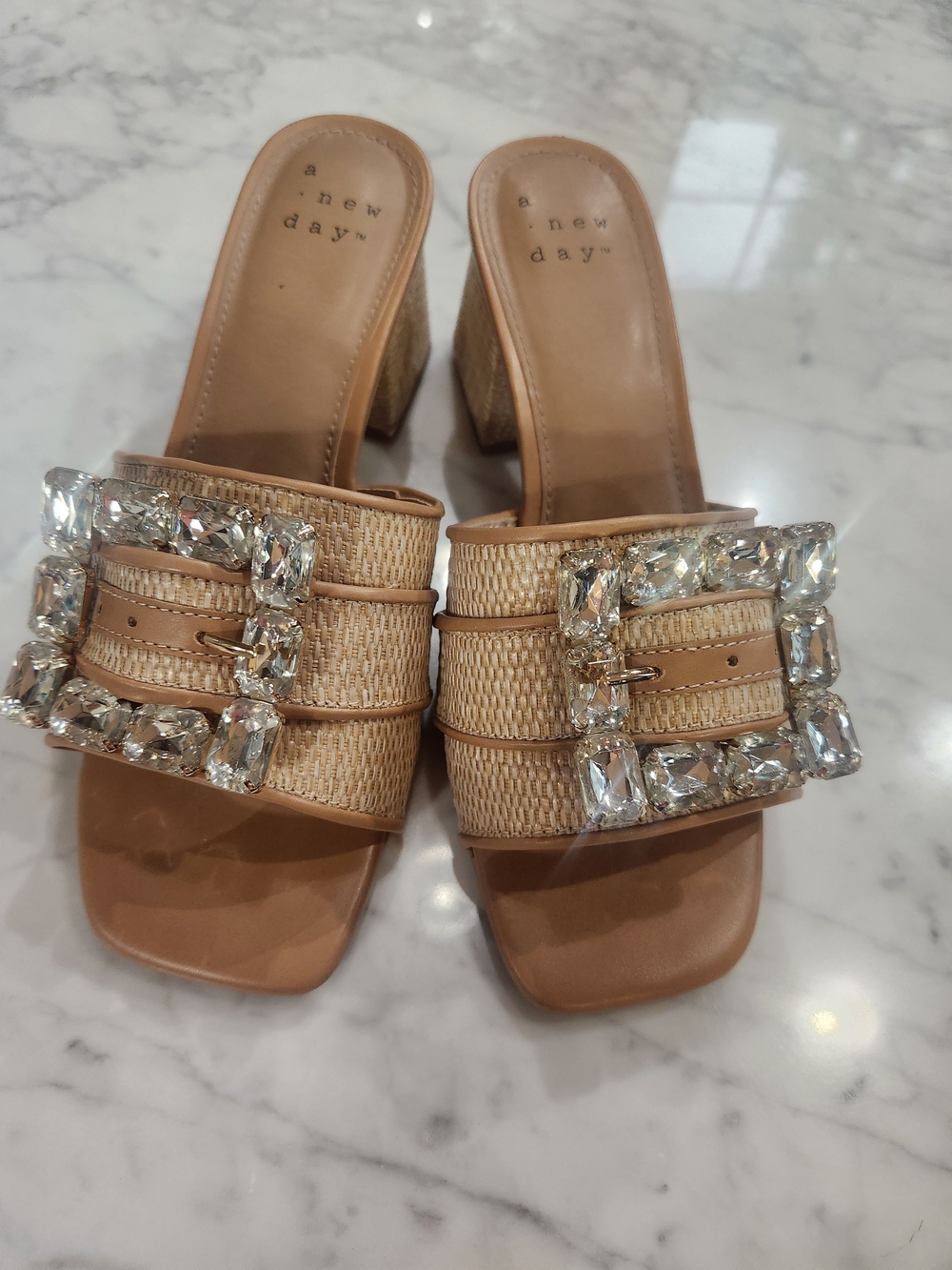 A NEW DAY Tan Raffia Block Heel Mule with Large Crystal Buckle.